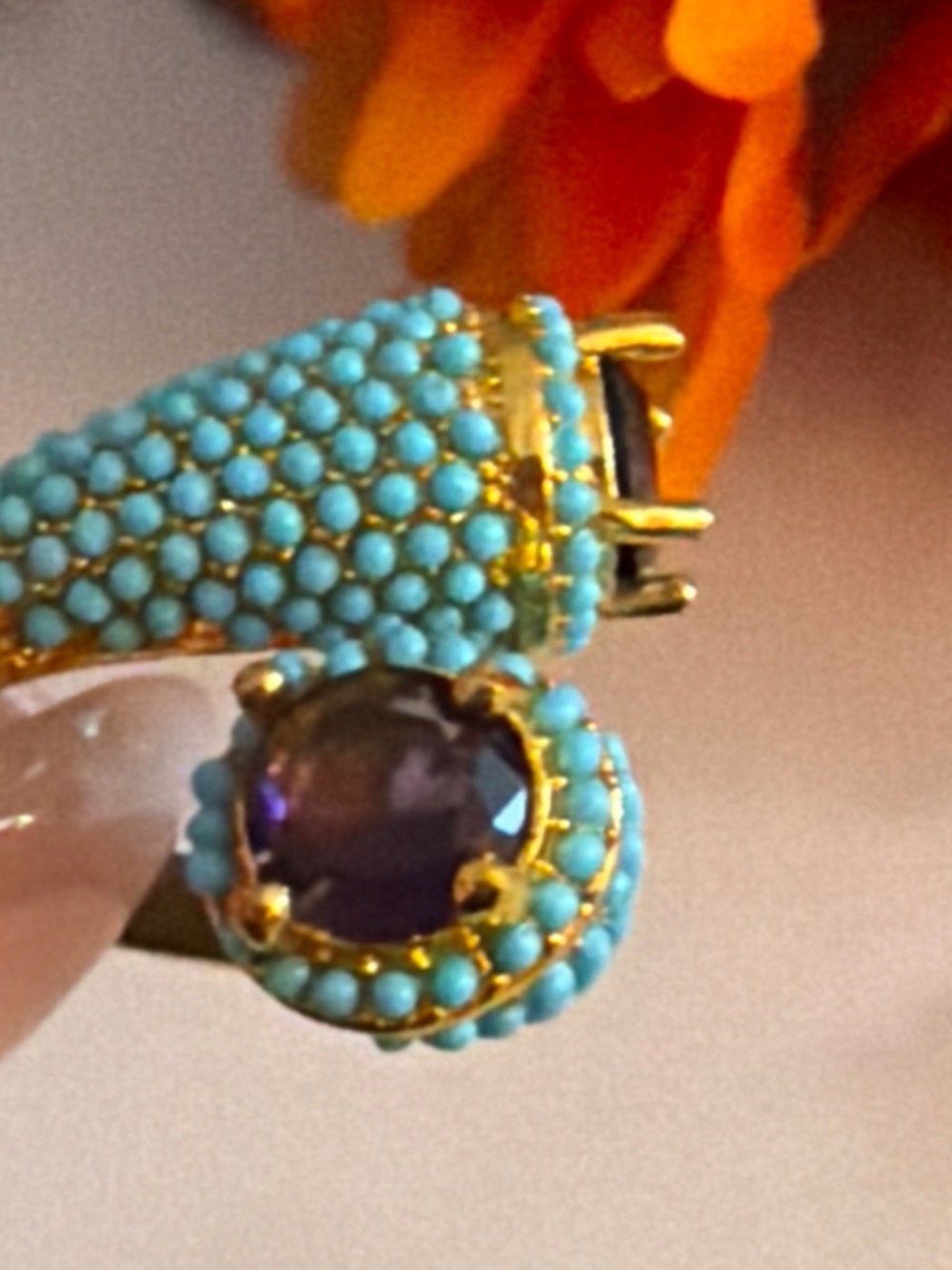 Gold-Tone Turquoise Bead and Purple Stone Women's Earrings